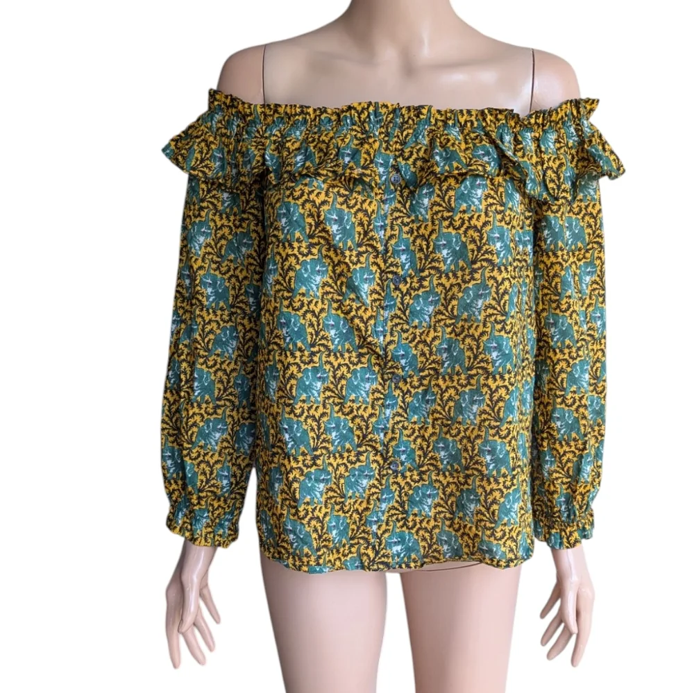 J. Crew Ratti Safari novelty elephant print Off the Shoulder top ruffle